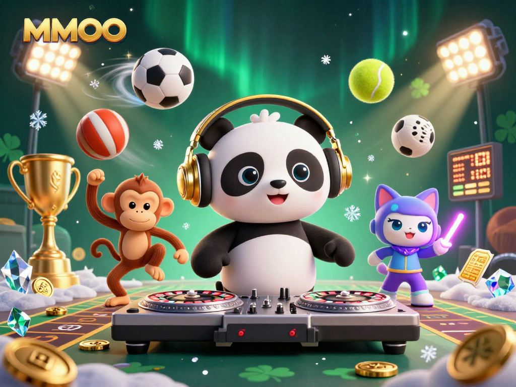 Engage with MMOO's vibrant casino scene featuring a DJ panda, breakdancing monkey, and glowing kitten.