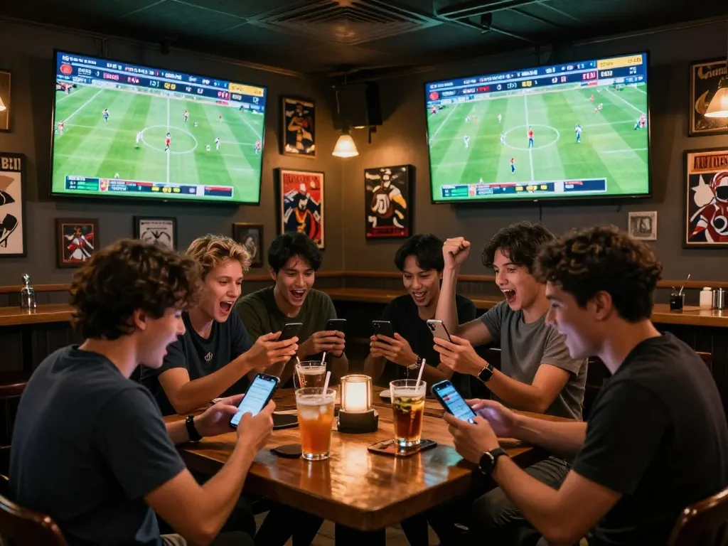 Watch live kết quả bóng đá results at a vibrant sports bar with friends, celebrating wins.