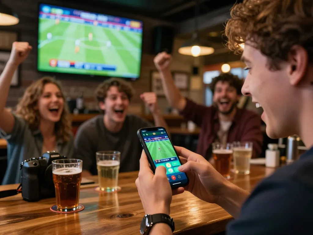 Excited bettor using keobongda app to place live sports wagers during a football match