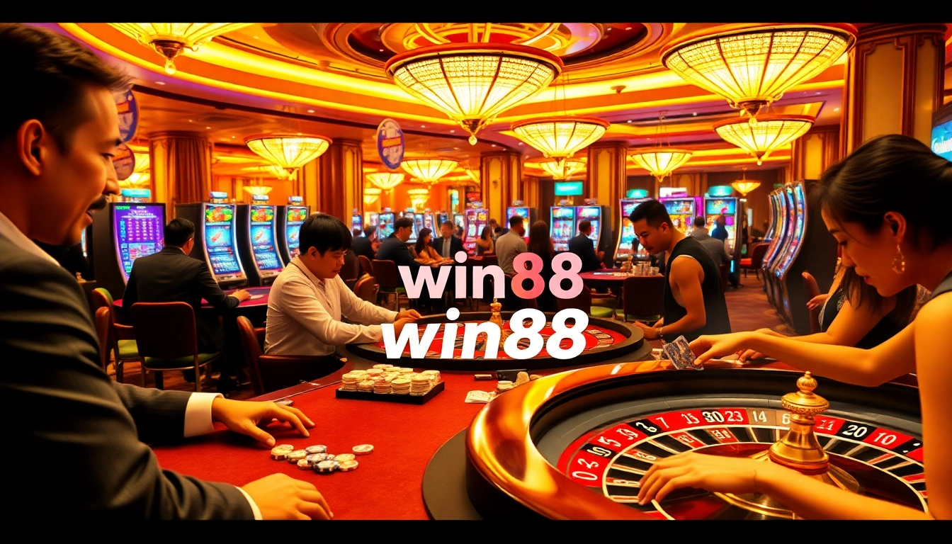 Experience the thrill at Trang chủ win88 with excited players at casino tables and colorful slot machines.
