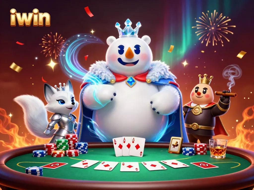 Join the exciting iwin poker table with the ice king polar bear and his snow fox companion in an electrifying atmosphere.
