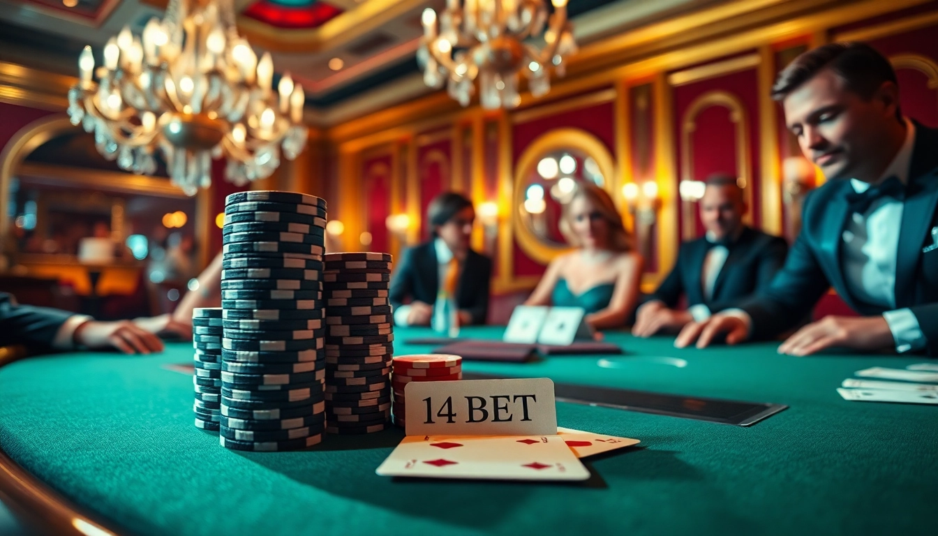 Experience the thrill of 14 BET in a luxury casino with high-stakes poker chips and elegant cards.