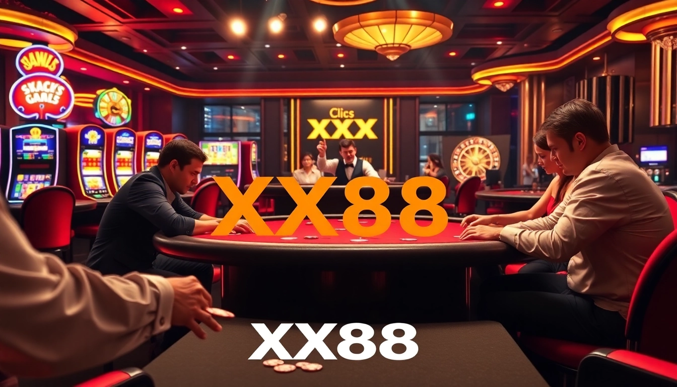 Players immersed in a high-stakes game at XX88 casino, showcasing excitement and luxury.