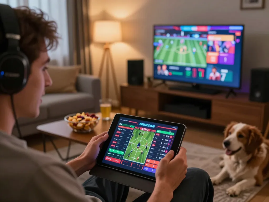 Engaging online sports betting experience with 7M platform on tablet.