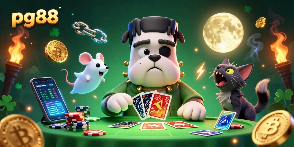 Experience thrilling gameplay at pg88 with a whimsical 3D illustration of a Frankenstein bulldog dealing cards.