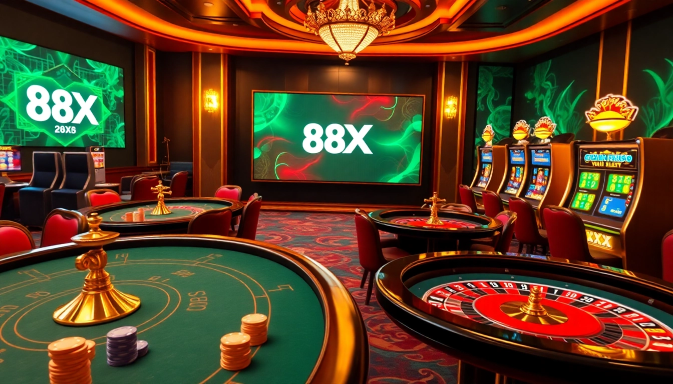 Experience the excitement of 88XX with luxurious casino gaming tables and vibrant slot machines.