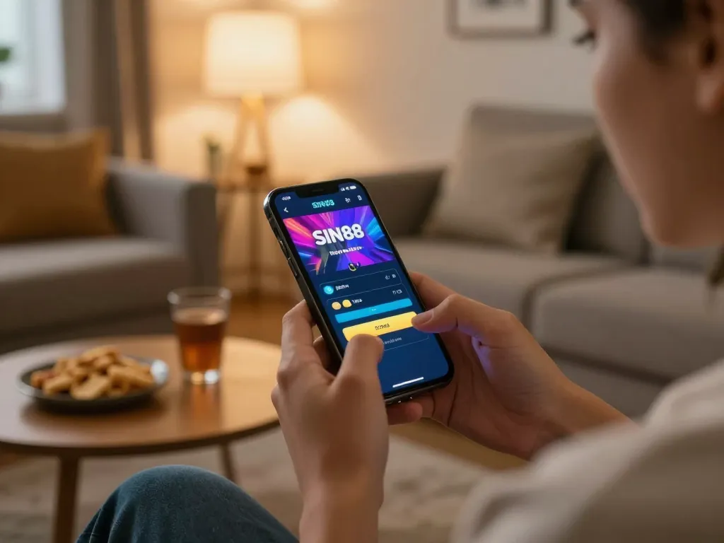 Player accessing sin88 login on smartphone while enjoying a cozy home atmosphere with snacks.