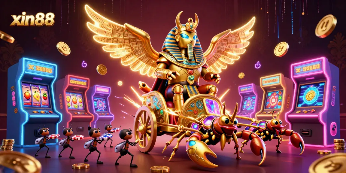 Experience exciting gaming action with xin88, featuring a golden scarab beetle in a thrilling casino-themed scene.