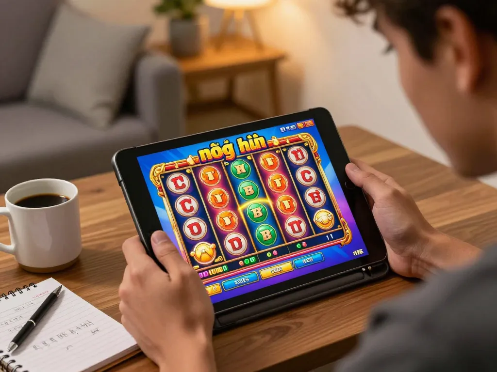 Engaging in nổ hũ gameplay on a tablet in a cozy home environment, showcasing strategic online gambling.