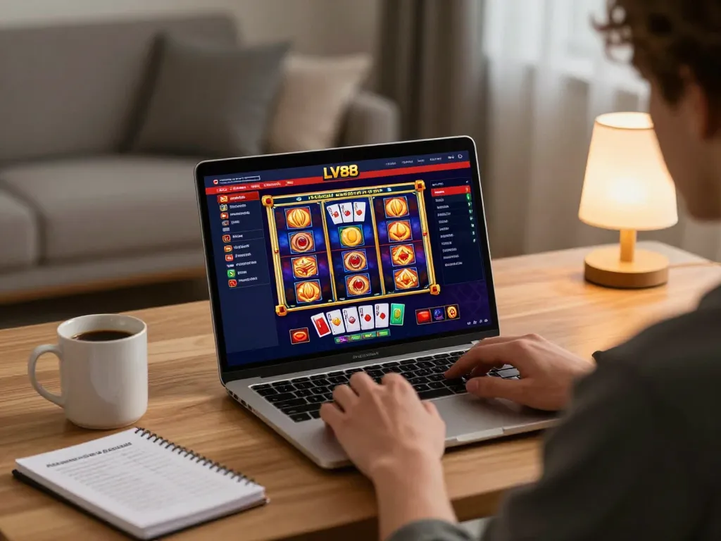 Player engaging with LV88 casino online from home, showcasing strategy notes and gaming excitement
