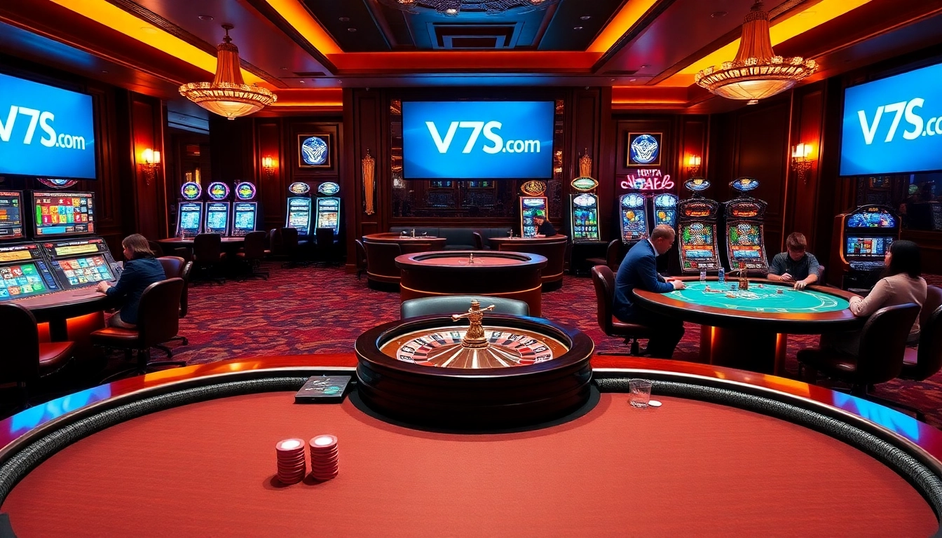 Engaging gamblers in a luxurious casino setting at V7SB.com, featuring poker tables and vibrant slot machines.