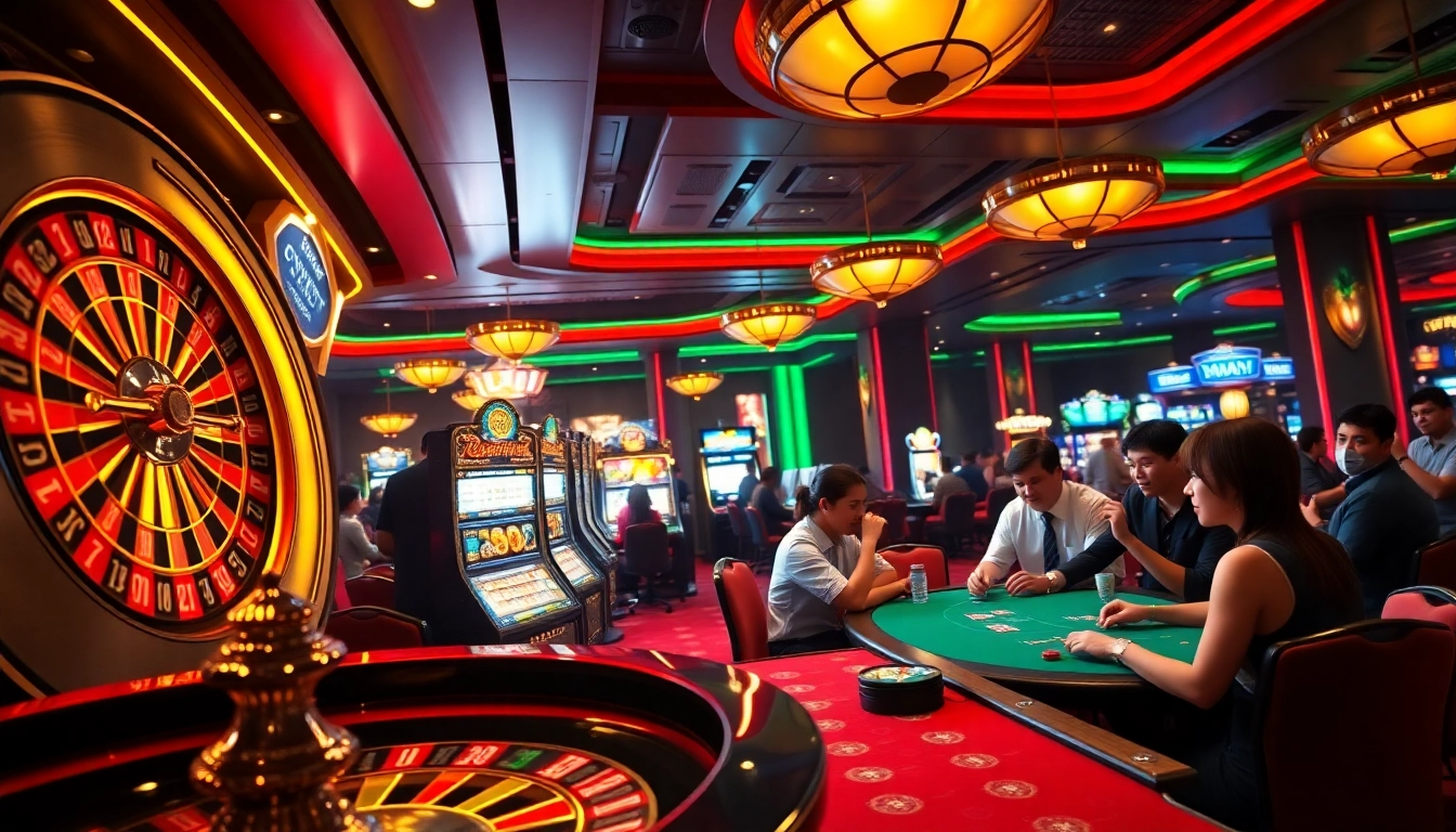 Experience the thrill of 23win đăng nhập in a vibrant casino setting with lively players around tables.