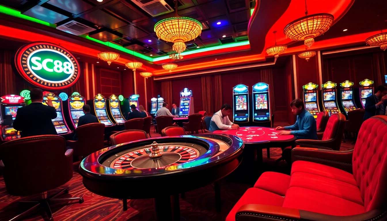 SC88 casino scene featuring roulette and poker tables with colorful lights and engaged players.