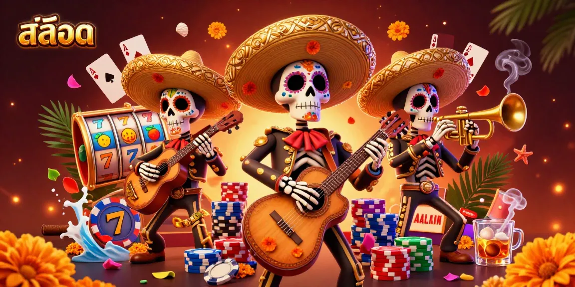 Experience thrilling สล็อต gameplay with vibrant slot reels and energetic mariachi skeletons.