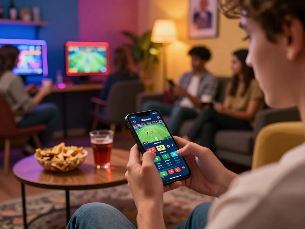 Engaged player using bcx88 for sports betting on smartphone in a vibrant room.