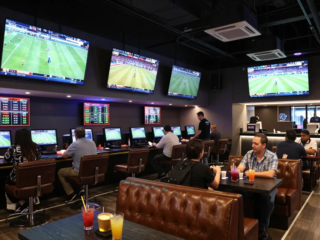 SBOBET users engaging with live sports betting screens in a vibrant lounge atmosphere
