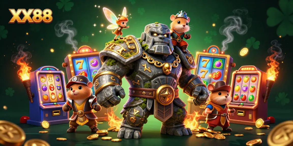 Experience the thrill of XX88 casino magic with a dynamic scene featuring a golem, fairy, and hamster knight amidst slot machines and gold.