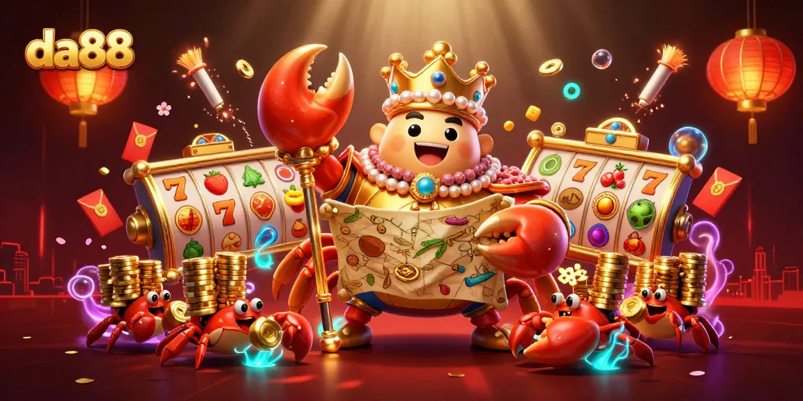 Experience thrilling gaming action with da88's royal crab emperor amidst slots and lively casino elements.