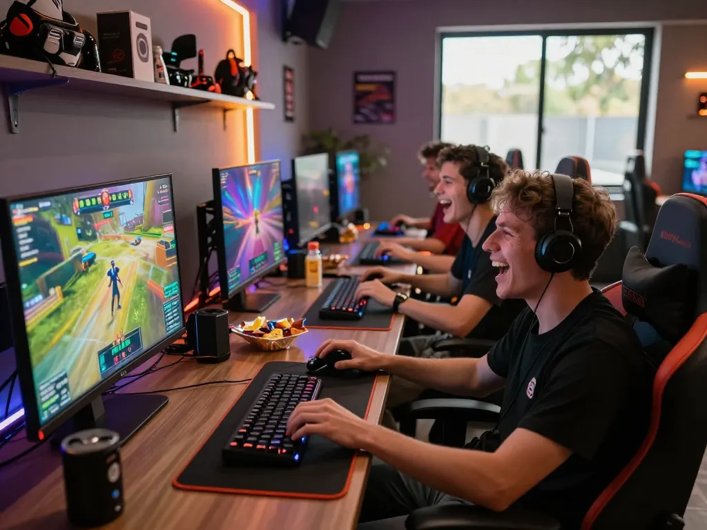 Enthusiastic gamers enjoying an action-packed sunwin gaming session in a vibrant and modern room.