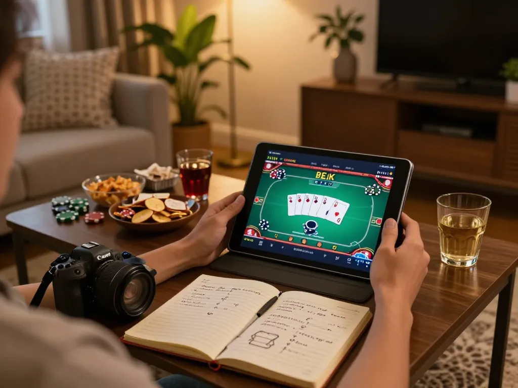 Player enjoying 58win poker game on tablet in a cozy setting, showcasing a strategic approach to online gaming.