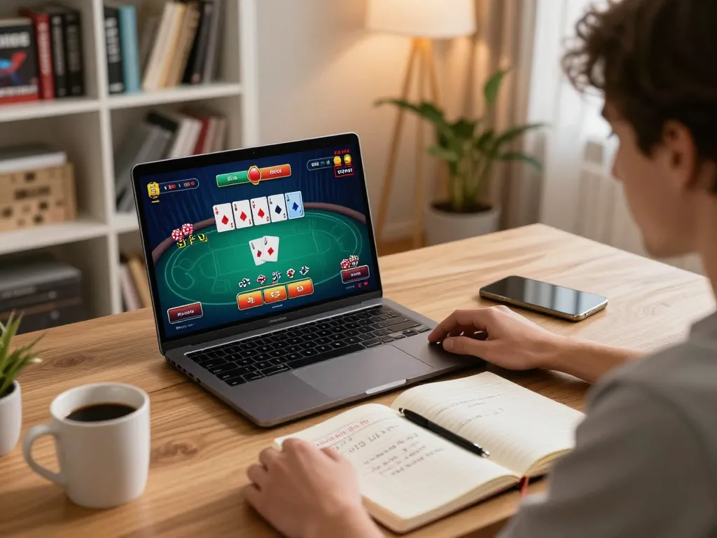 Hitclub online gambling scene with a player immersed in a poker game on a laptop at home