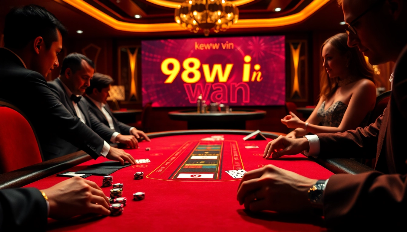 Players engaging in a thrilling Blackjack game at 98win vin casino table, with rich textures and vibrant colors.