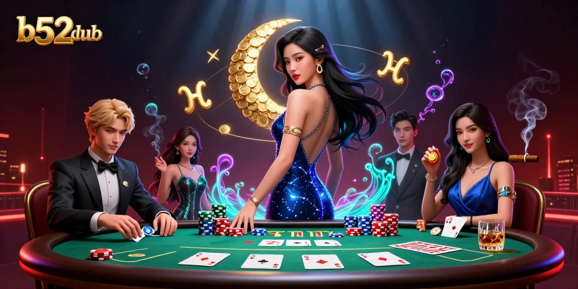 Bets at b52club come alive in a vibrant casino scene with a stylish Asian woman and poker elements.
