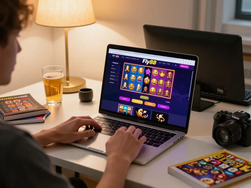 Engaging online gaming experience with Fly88 casino app on laptop screen showcasing vibrant slot games