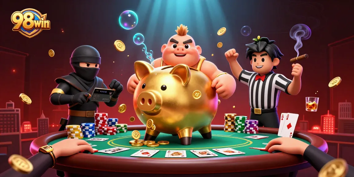 Experience thrilling poker action at 98win with a dynamic casino illustration featuring characters and elements.