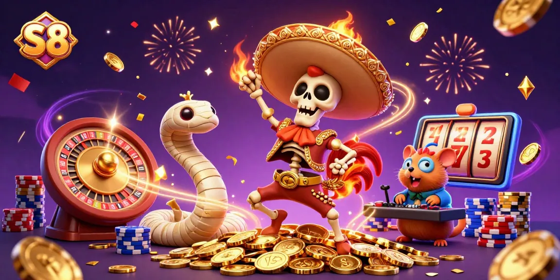 S8 offers thrilling victories at an extravagant casino with festive characters and sparkling elements.