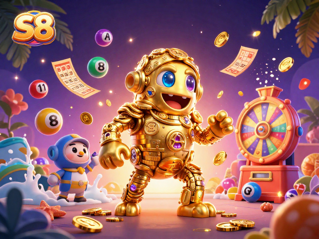Win big with S8 in this dynamic casino-themed illustration filled with vibrant elements.