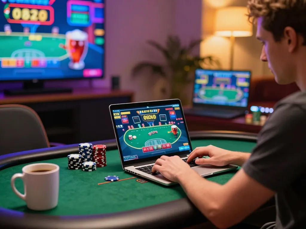 Engaged player strategizing with TT88 casino online poker game at home, showcasing responsible gambling atmosphere