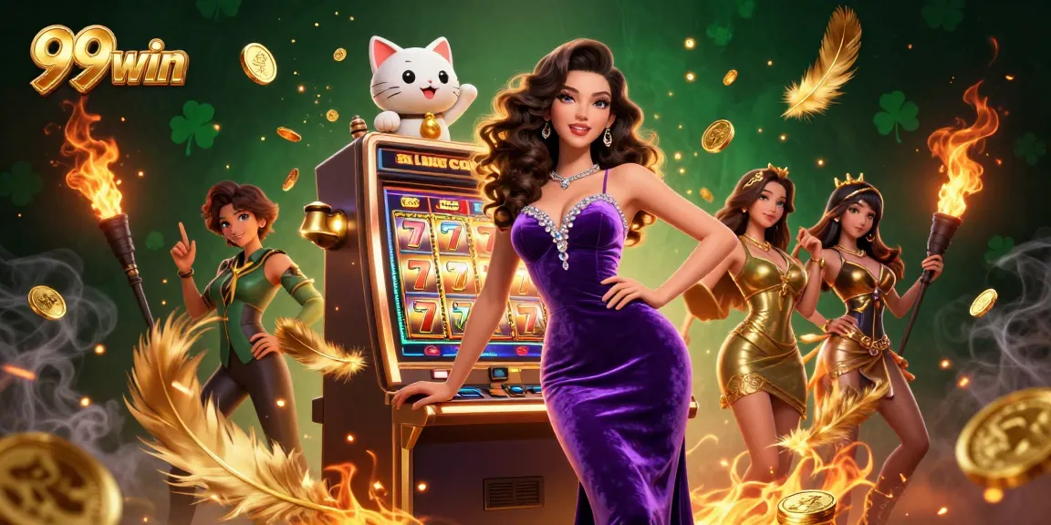 Experience thrilling slots with 99win's stunning jackpot scene featuring vibrant characters and elements.