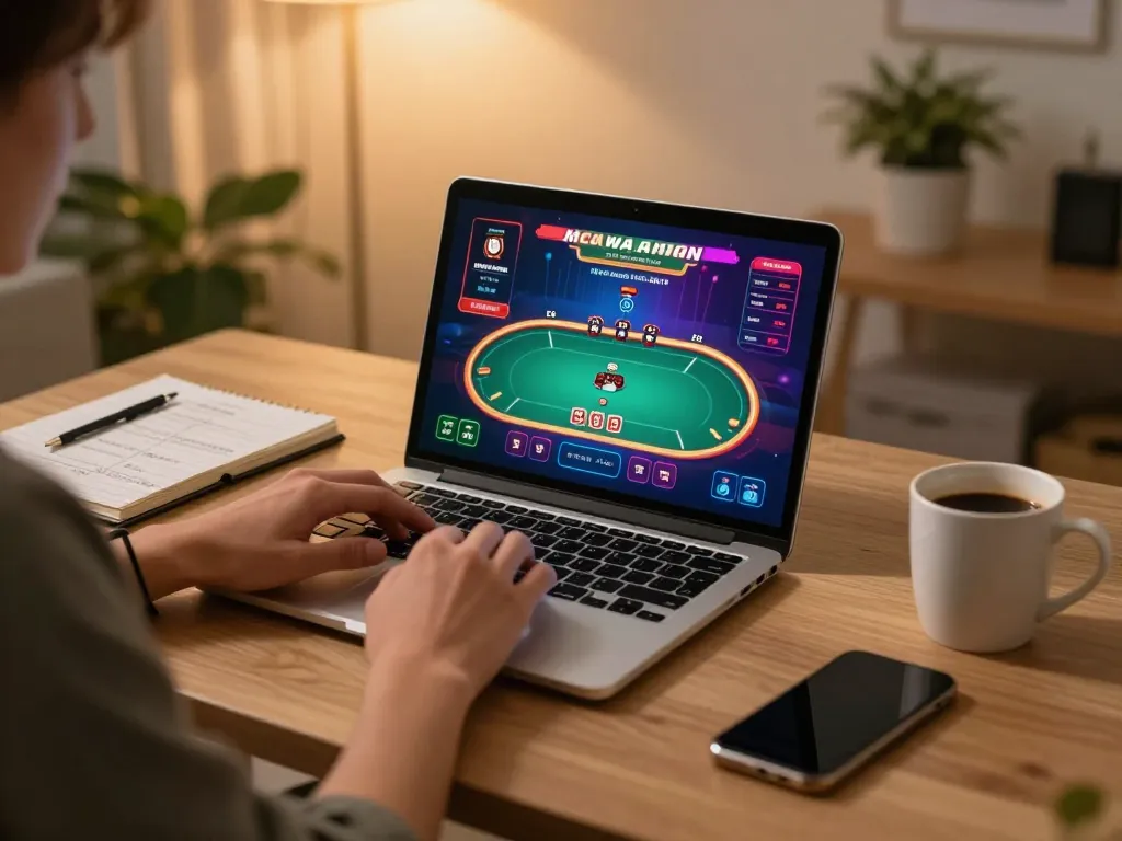Engaging in an intense poker game on 28Bet during a cozy home session.