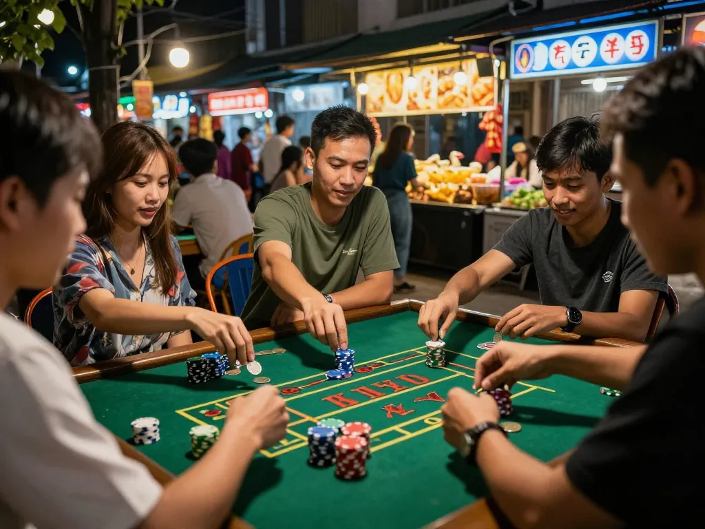 Xóc đĩa players engaged in a lively betting game at a vibrant street market.