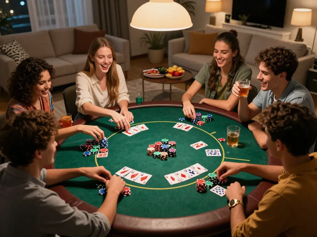 Friends enjoy a thrilling home poker game night with chips and cards in play, celebrating wins near 8day.