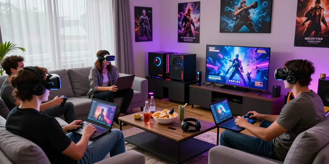 Group enjoying game sex in a vibrant living room, highlighting diverse adults playing interactive porn games together.