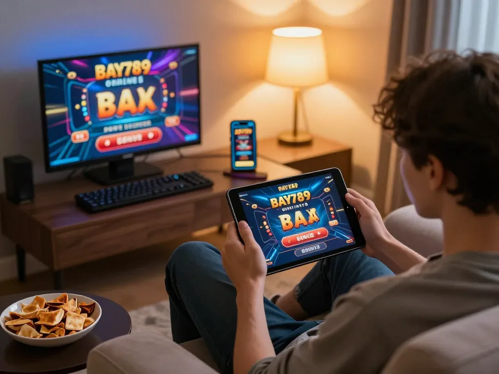 Engaging with Bay789 online casino on a tablet while enjoying a cozy gaming atmosphere at home.