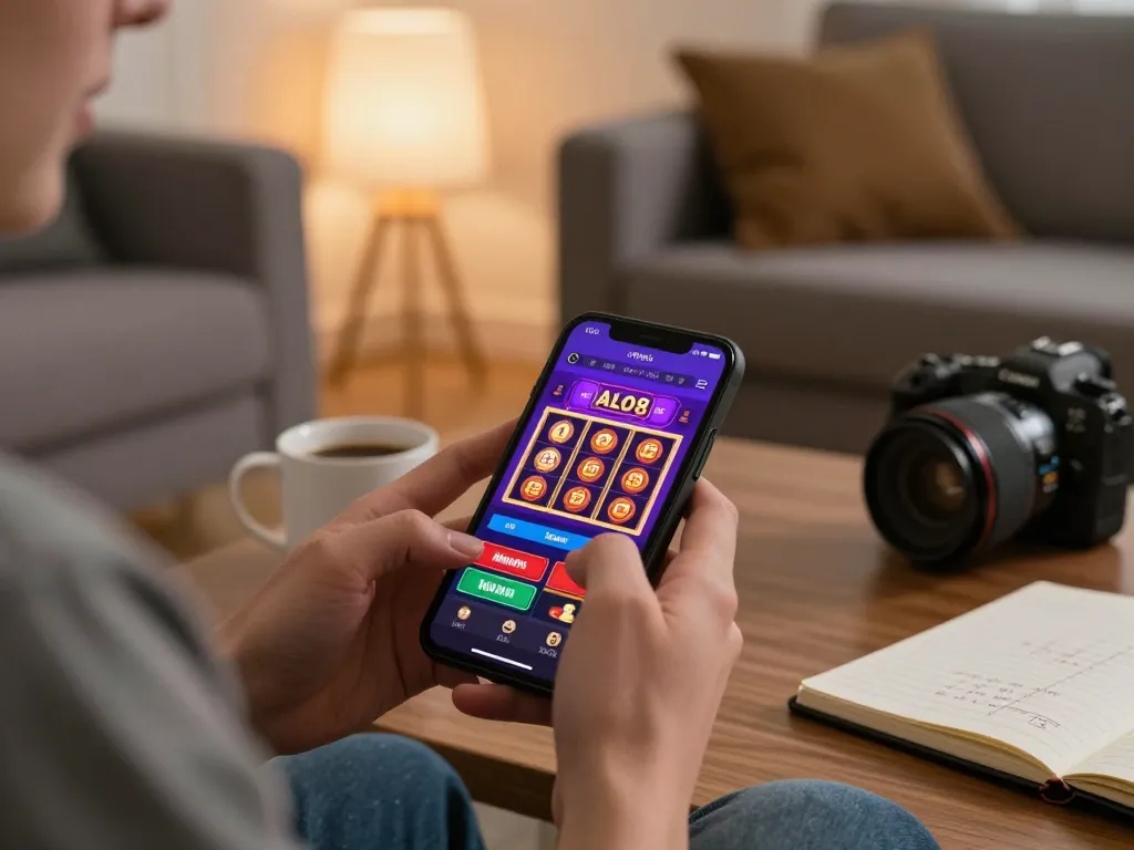 Player engaging with the ALO8 casino app for slots and poker in a cozy home setting