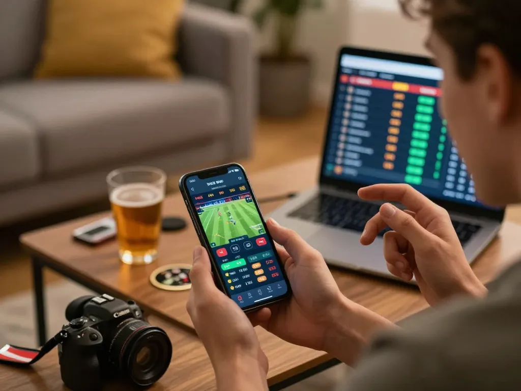 Engaging with F168 mobile app for sports betting in a cozy living room.