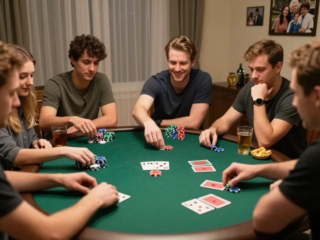Friends enjoying a lively poker game at home, engaging in strategy while playing CM88 for an exciting evening.