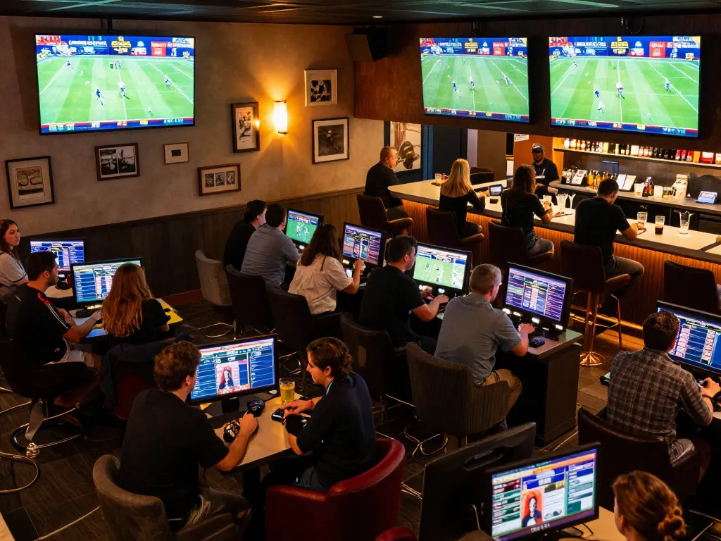 Patrons immersed in live sports betting, checking kết quả bóng đá updates on multiple screens in a stylish lounge.