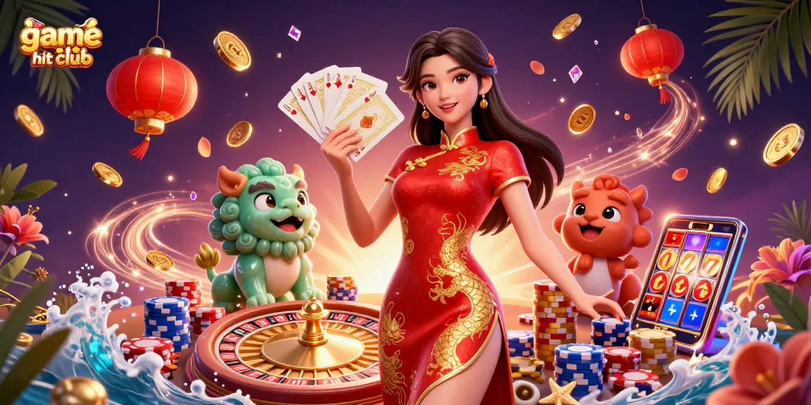 Experience the excitement of the game hit club with dynamic casino elements, including coins and poker cards.