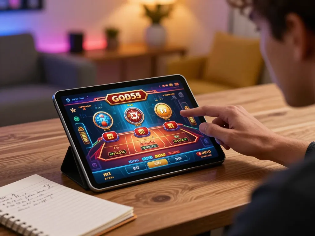 Player strategizing on the god55 app during a cozy home gaming session