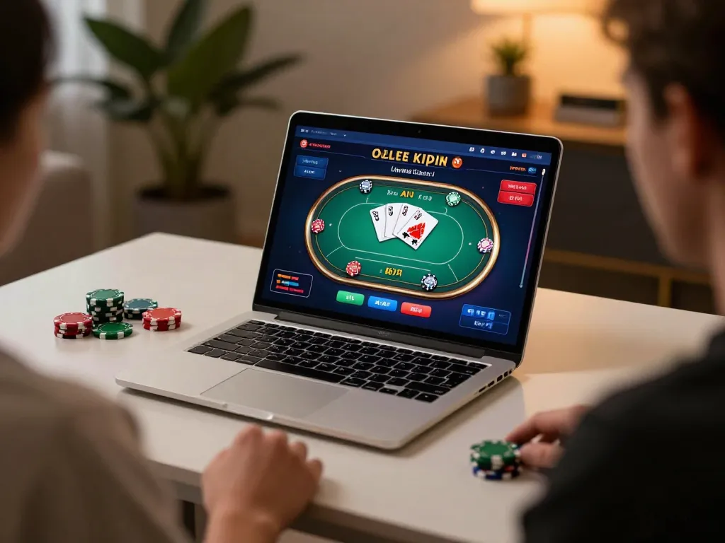 Engaging with FB88 online poker game on a modern laptop, showcasing vibrant gameplay.