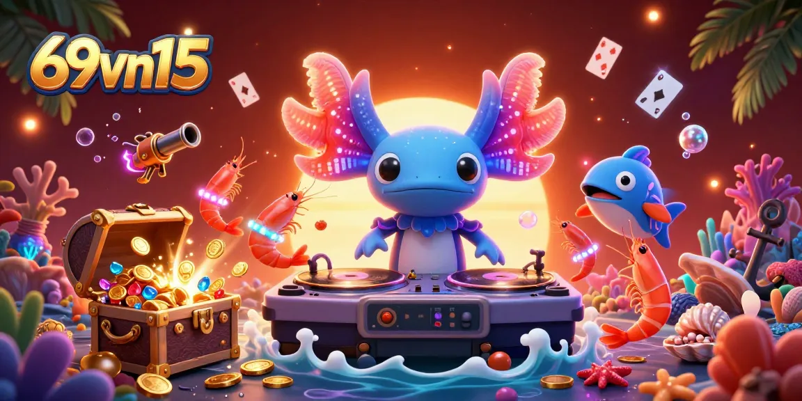 Engage with 69vn15 in this vibrant underwater casino scene featuring an axolotl DJ and glowing shrimp.