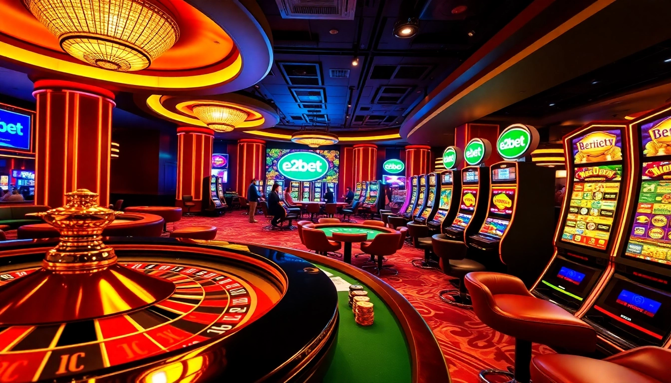 Experience the excitement of e2bet with vibrant casino visuals of poker, roulette, and online gambling.