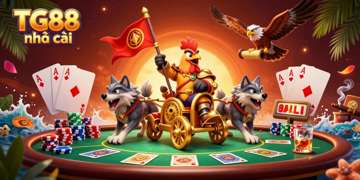 Experience the exhilarating showdown at TG88 nhà cái with 3D cartoon rooster warlord amidst high-stakes poker.