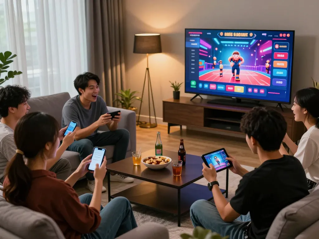 Engaged group enjoying online gaming at nhà cái DA88, vibrant atmosphere and modern decor.