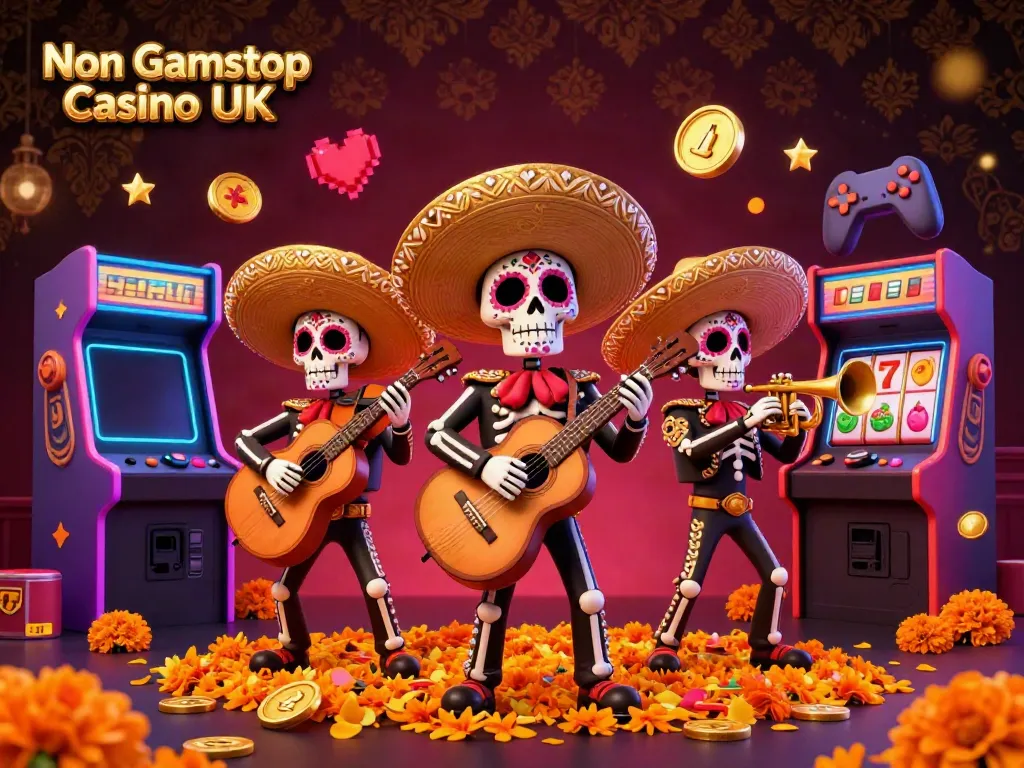 Engage with the energetic Non Gamstop Casino UK scene featuring a vibrant mariachi band immersed in colorful casino elements.
